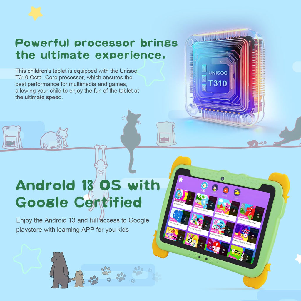 10.1 inch Kids Tablet Android 13 4GB RAM 64GB ROM FHD IPS Screen Green E47727