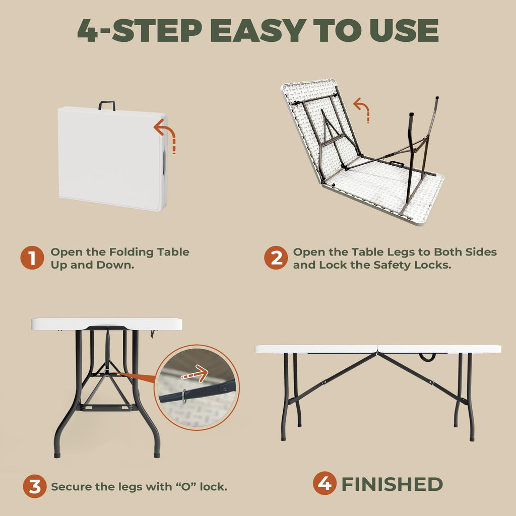 6FT Folding Table with Carry Handle, White, 1 Pack H130025