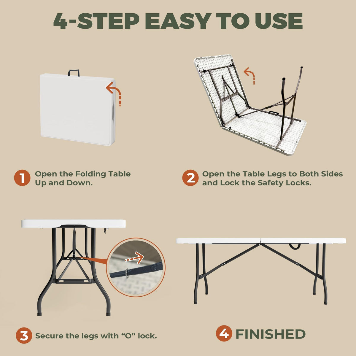 6FT Folding Table with Carry Handle, White, 1 Pack H130025
