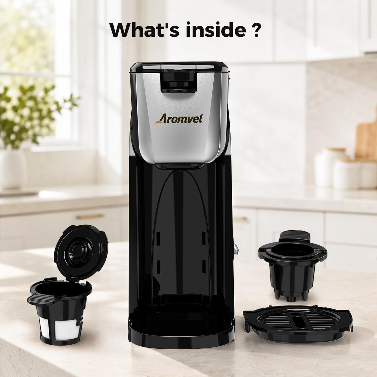 2-in-1 Single Serve Coffee Maker, K Cup & Ground, 6-14 oz, Silver N6369