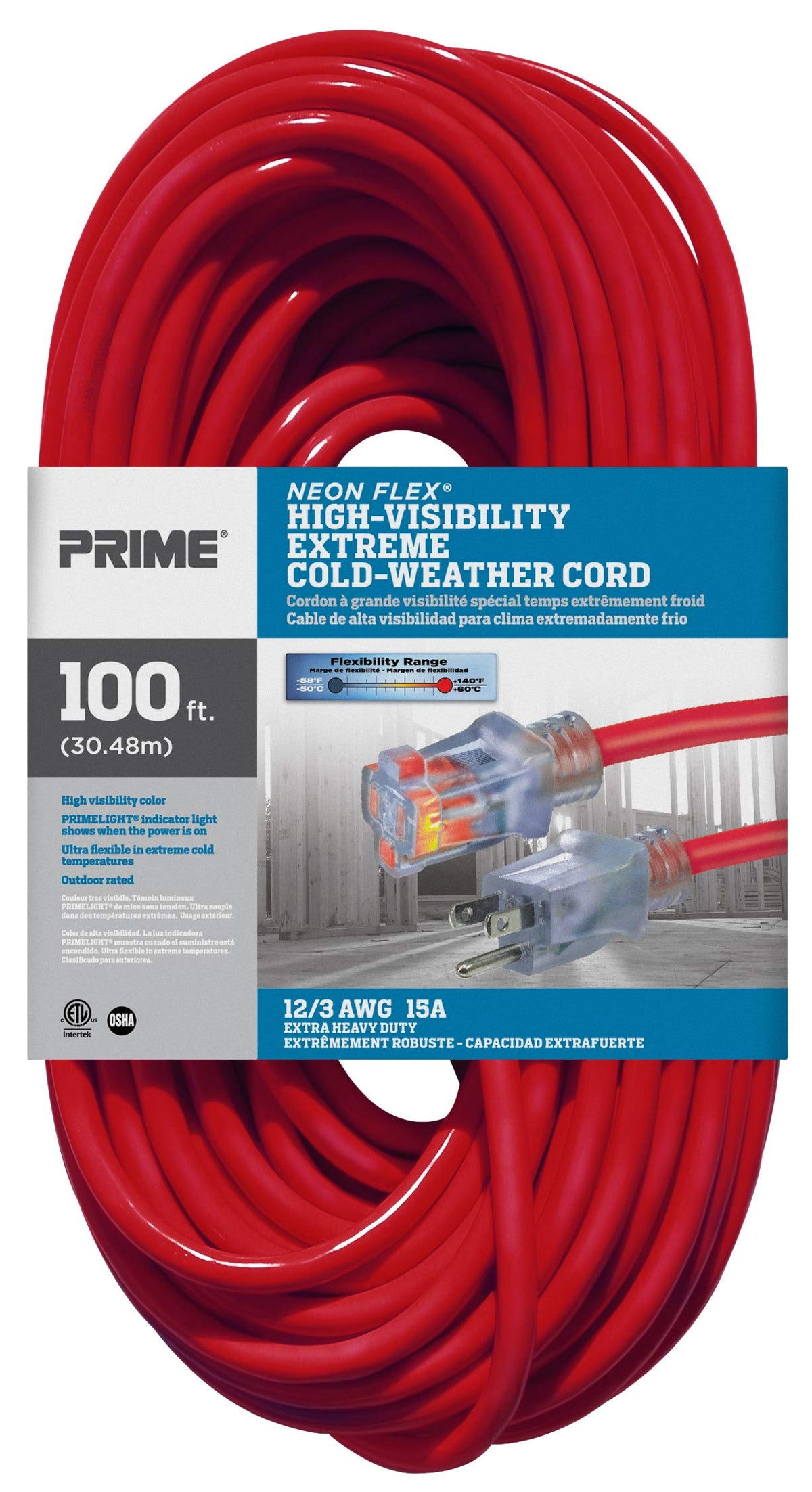 100-Foot 12/3 SJTW Outdoor Extension Cord with Light Indicator, Neon Red Z7645