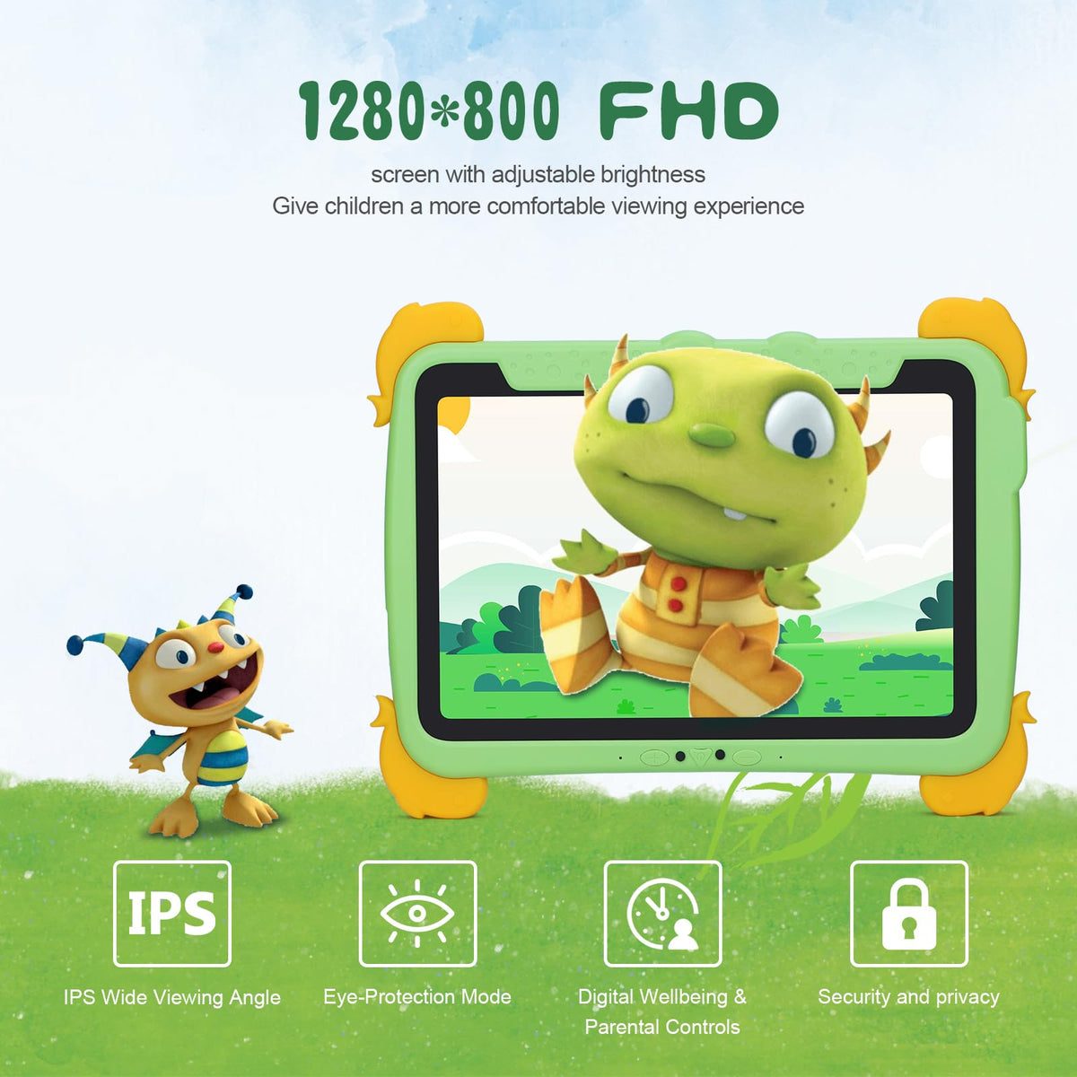 10.1 inch Kids Tablet Android 13 4GB RAM 64GB ROM FHD IPS Screen Green E47727