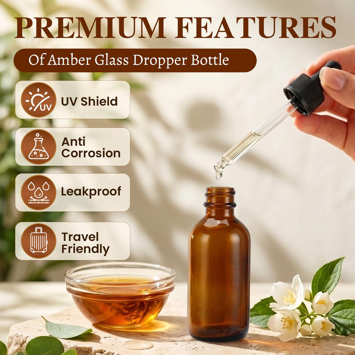 2 oz Amber Glass Dropper Bottles with Funnels, 40 Pack T61882
