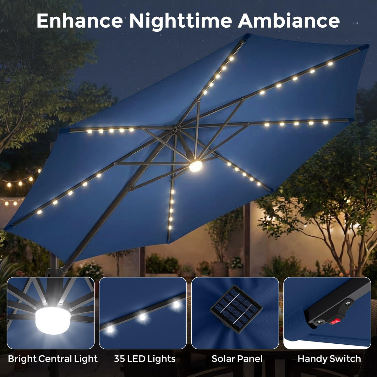 10ft Solar LED Offset Cantilever Patio Umbrella N84918