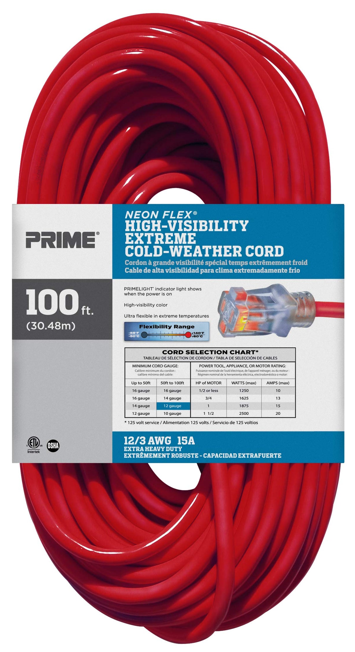 100-Foot 12/3 SJTW Outdoor Extension Cord with Light Indicator, Neon Red Z7645