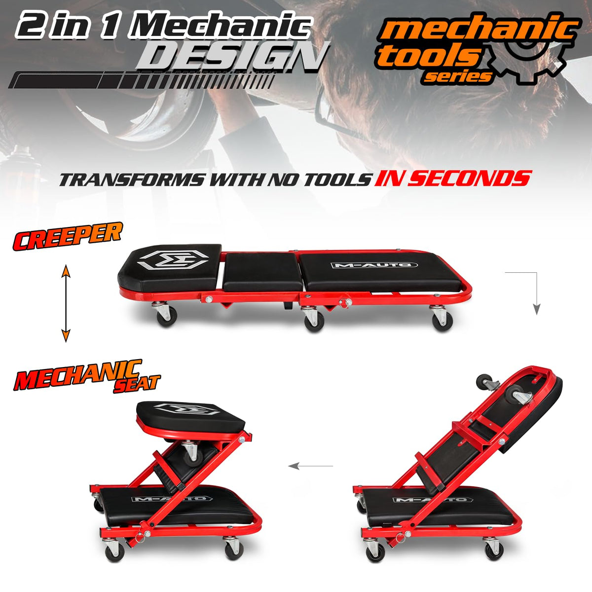 40-Inch Folding Creeper Rolling Seat, 330LBS Capacity with 6 Swivel Casters, Red L74459