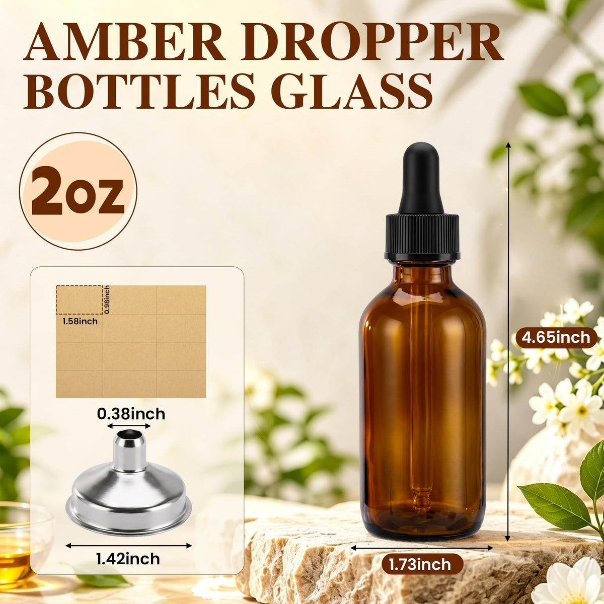 2 oz Amber Glass Dropper Bottles with Funnels, 40 Pack T61882