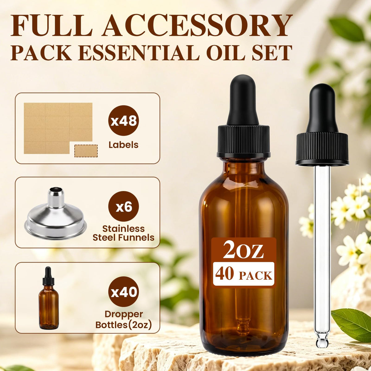 2 oz Amber Glass Dropper Bottles with Funnels, 40 Pack T61882