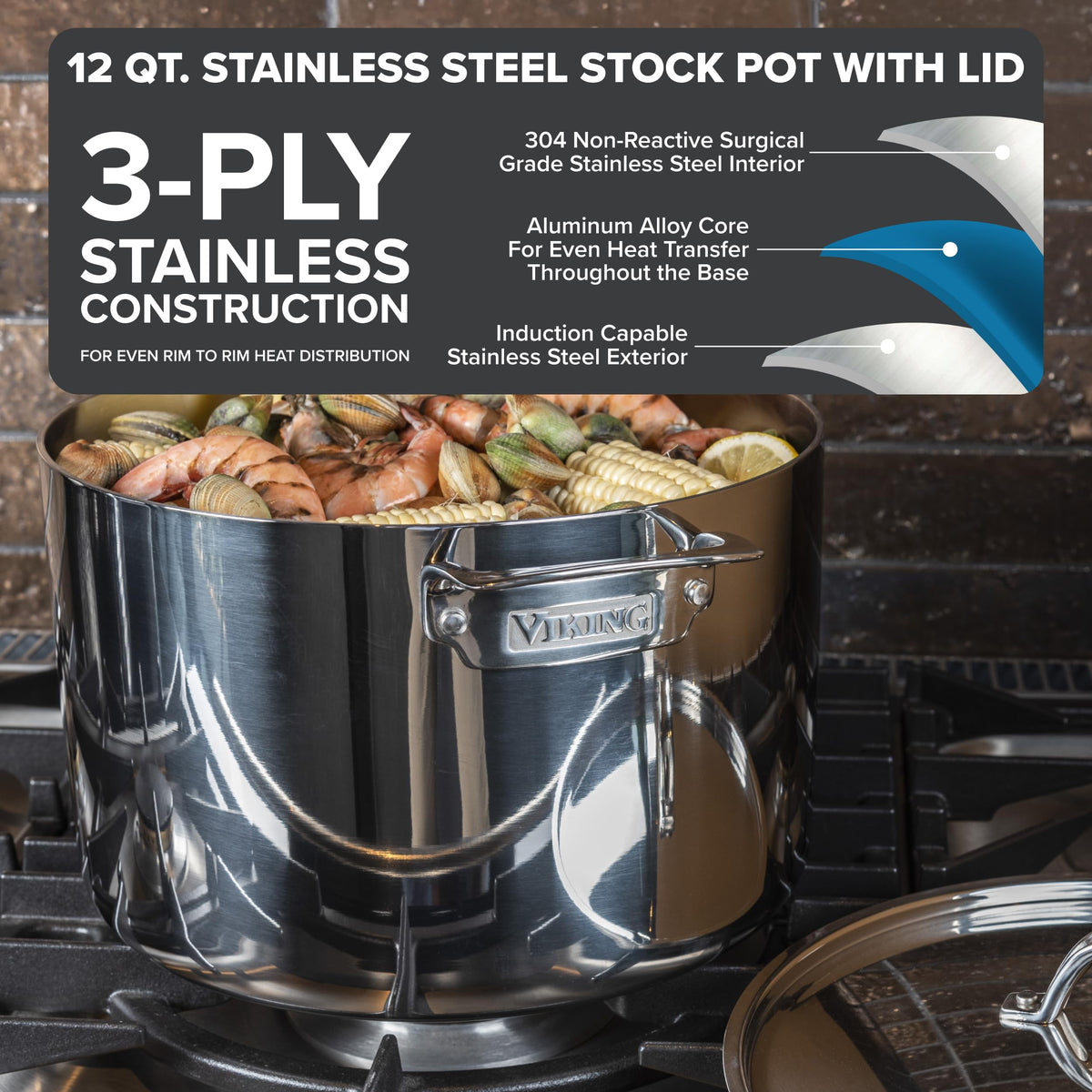 3-Ply Stainless Steel 12 Quart Stock Pot with Lid A8872