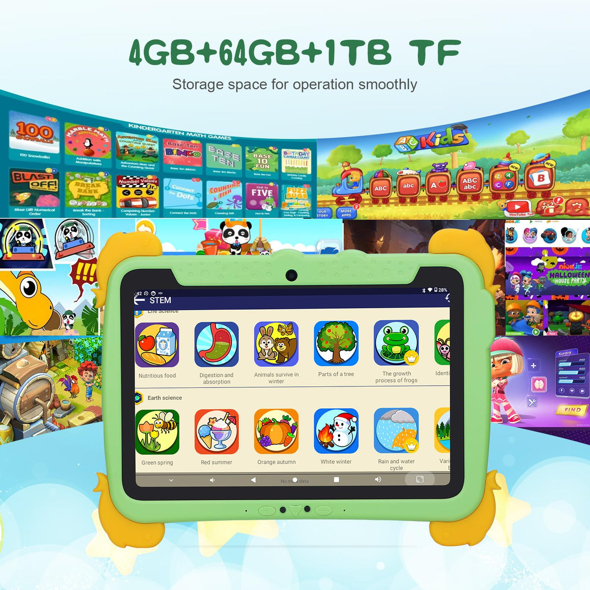 10.1 inch Kids Tablet Android 13 4GB RAM 64GB ROM FHD IPS Screen Green E47727