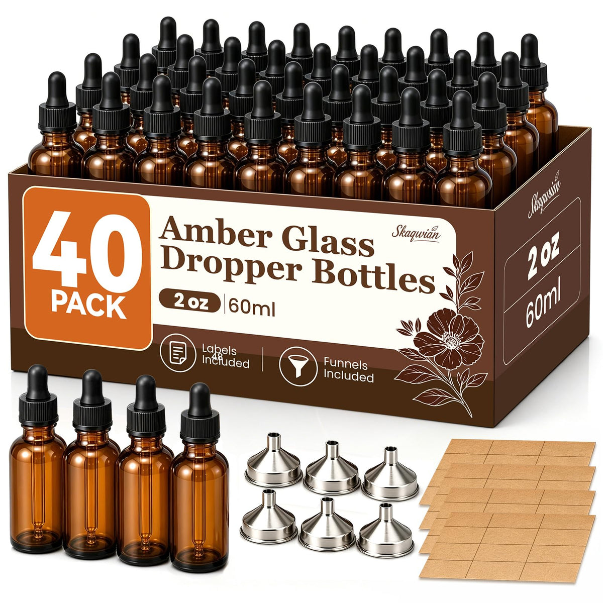 2 oz Amber Glass Dropper Bottles with Funnels, 40 Pack T61882