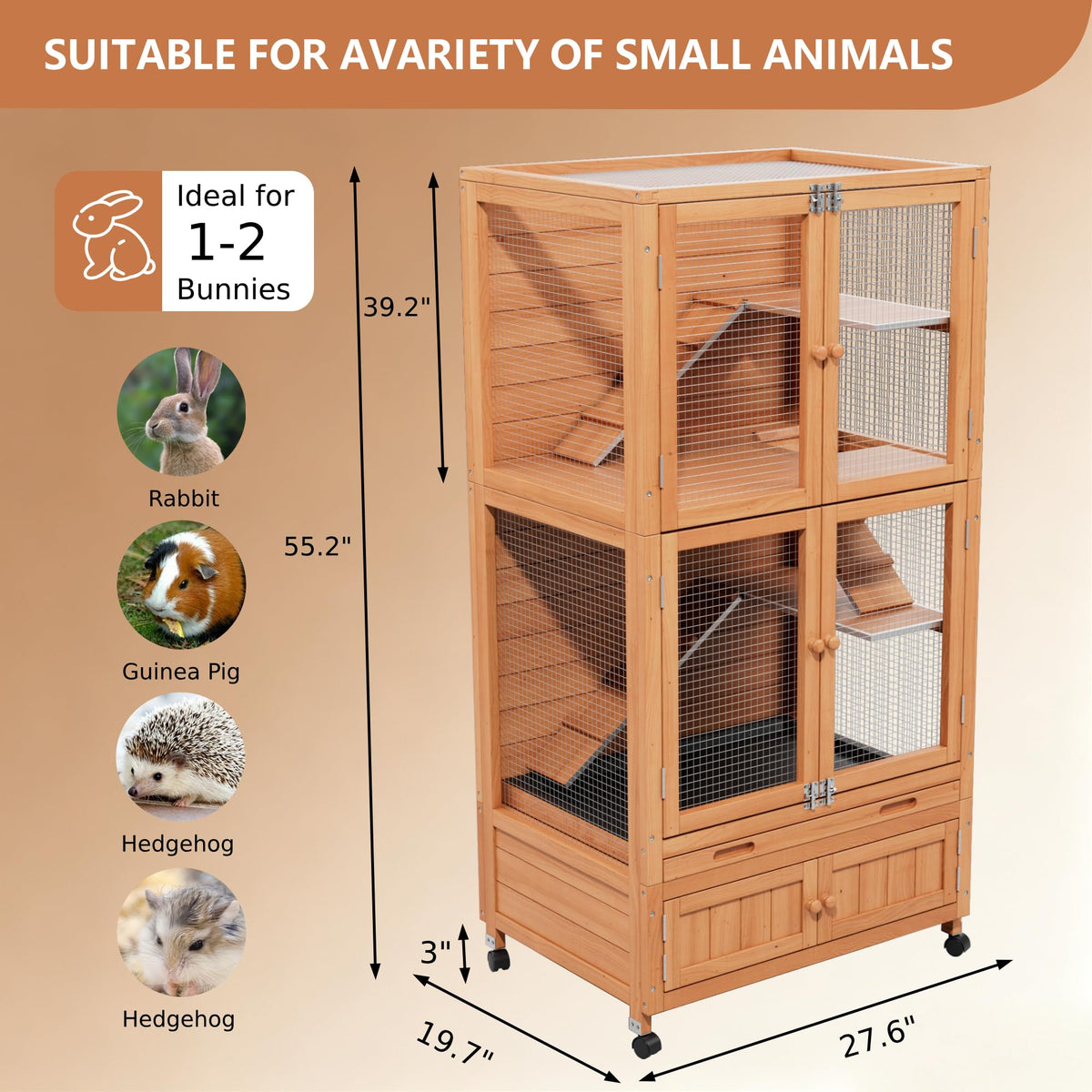 2-Story Wooden Rabbit Hutch with Ramp, Trays & Wheels A3232